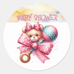 Sticker Rond Bébé hochet à ruban rose Baby Shower