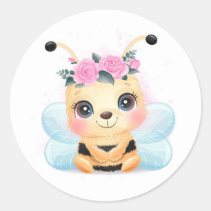 Sticker Rond Bébé jaune mignon Bumble Bee Rose rose