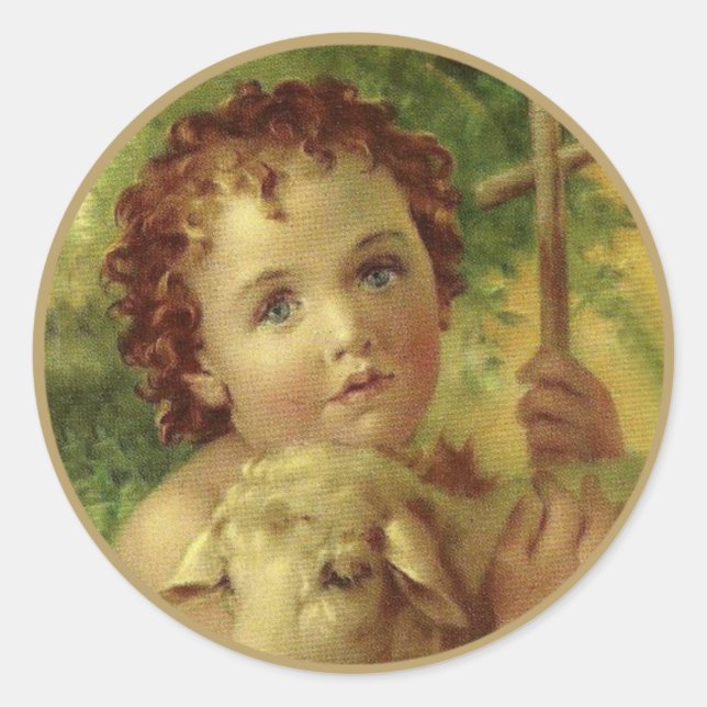 Sticker Rond Bébé Jésus avec Croix & Agneau (Devant)