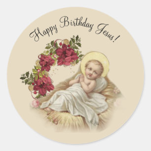 Sticker Rond Bébé Jésus de nativité de Noël floral