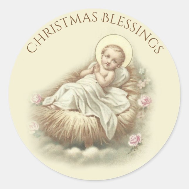 Sticker Rond Bébé Jésus en colère Bénédiction de Noël Roses (Devant)