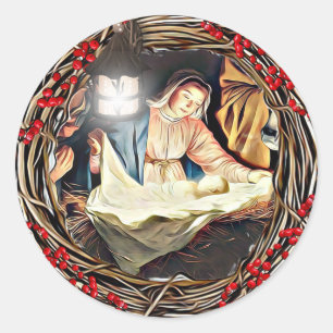 Sticker Rond Bébé Jésus et Vierge Marie Nativité Noël