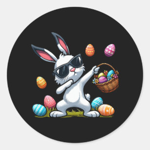 Sticker Rond Bébé lapin Dabbing Joyeux jour de Pâques mignonne 