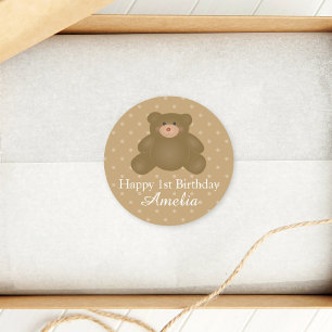 Sticker Rond Bébé mignon Brown Teddy Bear Premier anniversaire