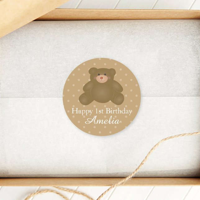 Sticker Rond Bébé mignon Brown Teddy Bear Premier anniversaire (Créateur téléchargé)