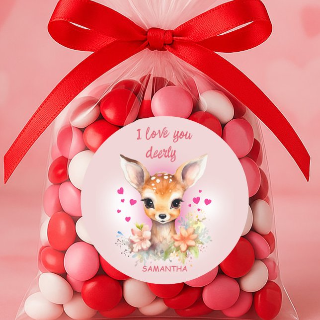 Sticker Rond Bébé mignon Deer Love You Pink Happy Valentines Da ("I love you dearly" cute little deer Valentine's Day sticker)
