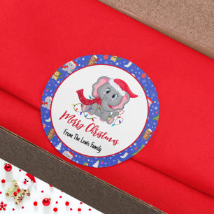 Sticker Rond Bébé mignon éléphant avec Zoo Joyeux Noël