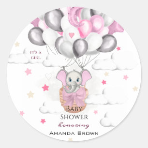 Sticker Rond Bébé mignon Eléphant Balloon Panier Baby shower fi