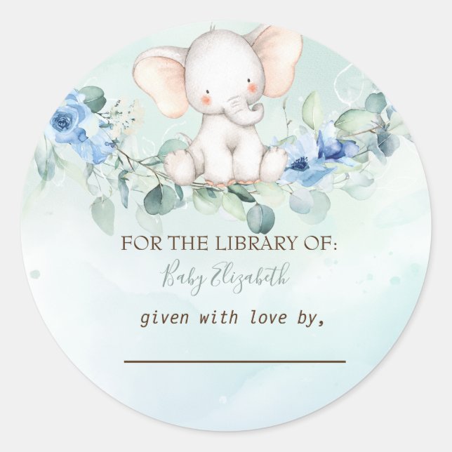 Sticker Rond Bébé mignon Eléphant Bleu Roses (Devant)