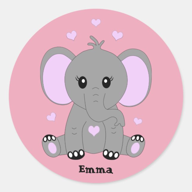 Sticker Rond Bébé mignon éléphant en rose pour les filles, dess (Devant)