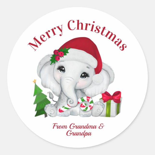 Sticker Rond Bébé mignon éléphant Joyeux Noël (Devant)