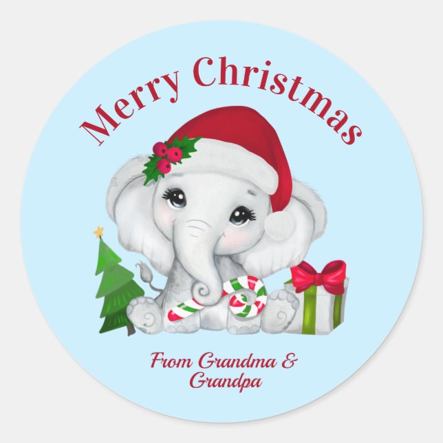 Sticker Rond Bébé mignon éléphant Joyeux Noël bleu (Devant)