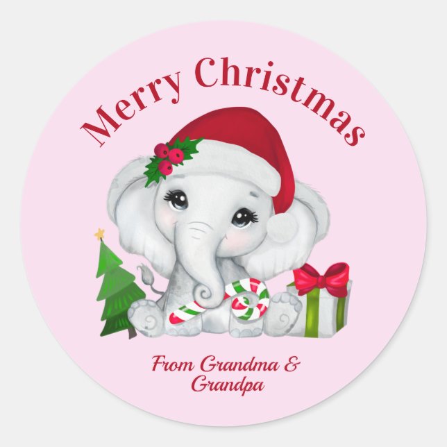Sticker Rond Bébé mignon éléphant Joyeux Noël rose (Devant)