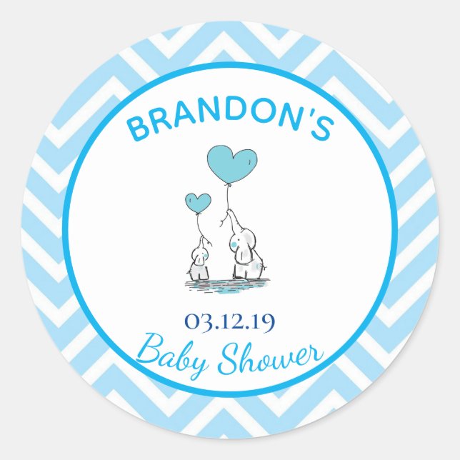 Sticker Rond Bébé mignon éléphants, avec Ballons de Coeur. (Devant)