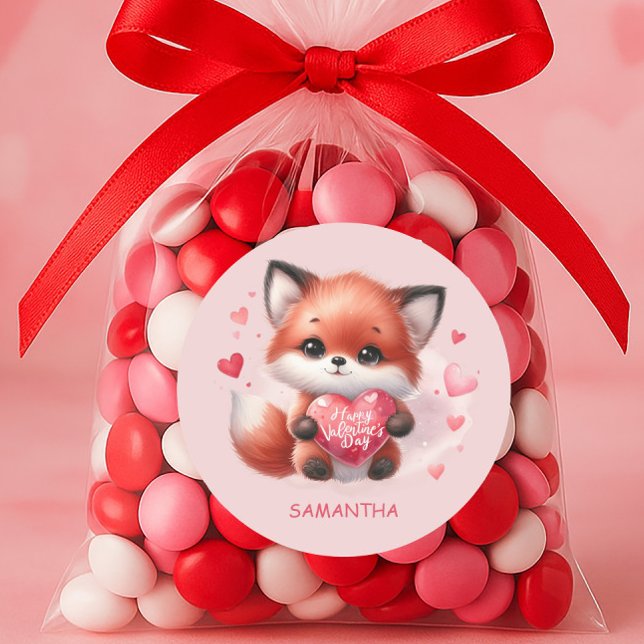 Sticker Rond Bébé mignon Fox Red Heart Rose Joyeux Valentines J ("Happy Valentine's Day" sticker)