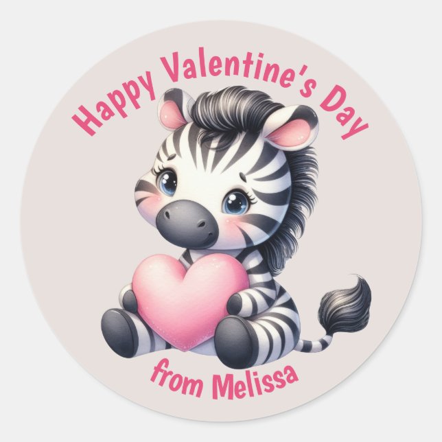 Sticker Rond Bébé mignon Zebra Coeur rose Valentine (Devant)