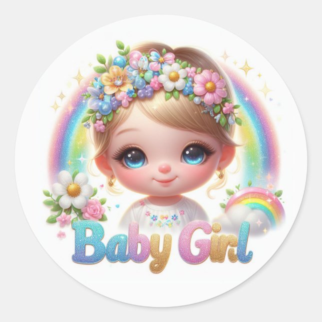 Sticker Rond Bébé mignonne fille avec arc-en-ciel et fleurs (Devant)