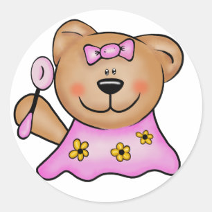 Sticker Rond Bébé mignonne Fille Teddy Ours en rose