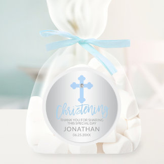 Sticker Rond Bébé moderne Croix Bleue Christening Garçon Merci