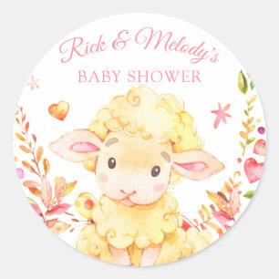 Sticker Rond Bébé Moutons / Agneau Baby shower de fille rose