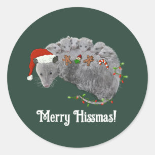 Sticker Rond Bébé opossum de Noël Opossums enveloppés de lumièr