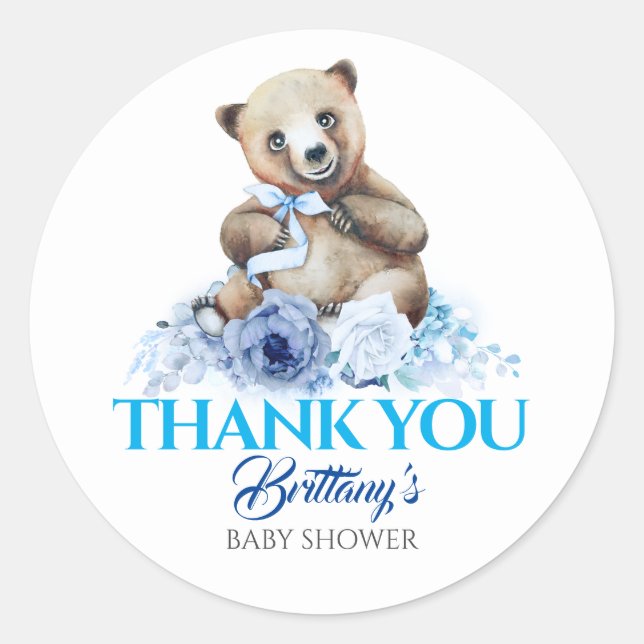Sticker Rond Bébé Ours Bleu Baby shower Floral Merci (Devant)