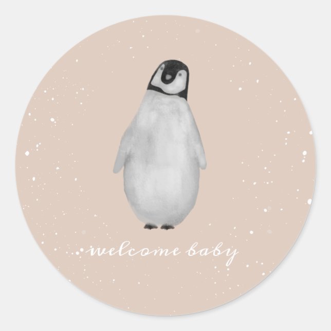 Sticker Rond Bébé Penguin hiver neige rose Baby shower fille (Devant)