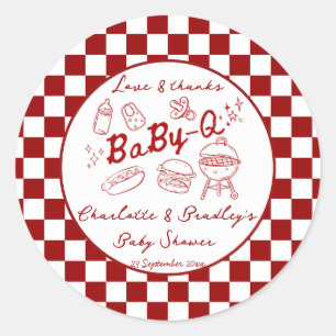 Sticker Rond Bébé q barbecue rouge à carreaux baby shower