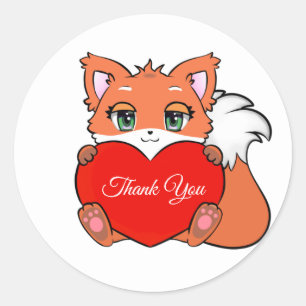 Sticker Rond Bébé renard mignon avec cœur merci