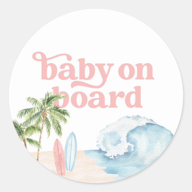 Sticker Rond Bébé rose à bord Baby shower de Surf de plage (Devant)
