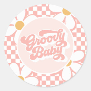 Sticker Rond Bébé rose à carreaux groovy marguerite