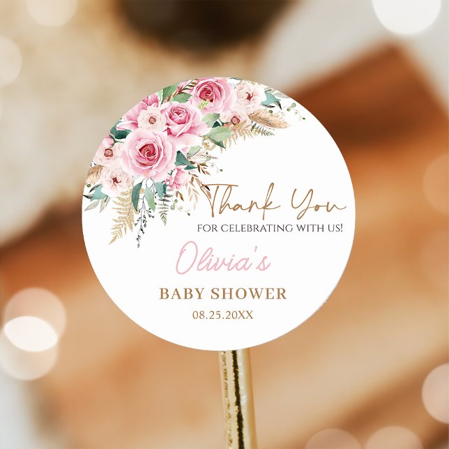 Sticker Rond Bébé rose En Fleur Boho Baby shower Floral (Créateur téléchargé)