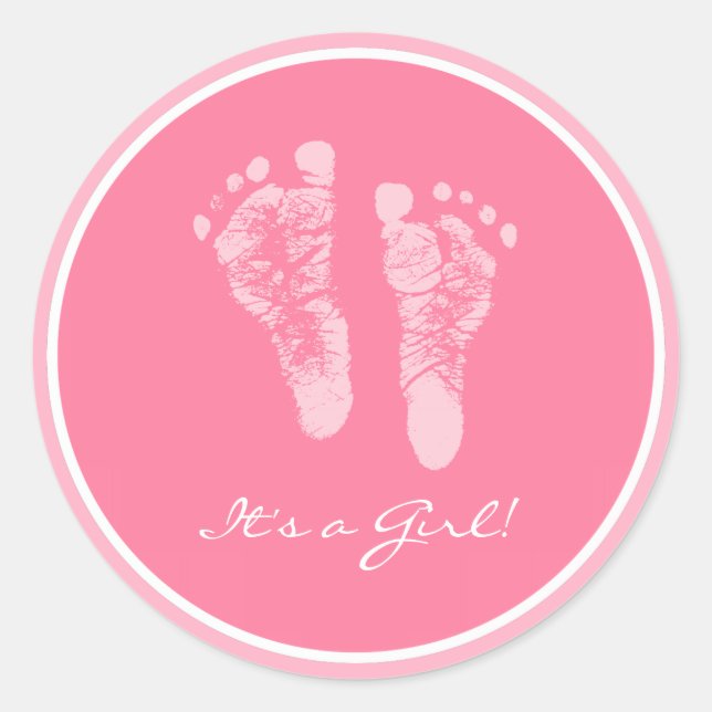 Sticker Rond Bébé rose mignonne Empreintes C'est un Baby shower (Devant)