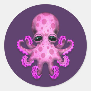 Sticker Rond Bébé rose mou pieuvre sur violet