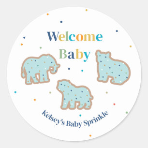 Sticker Rond Bébé Saupoudrer Animaux Cookies Baby shower garçon