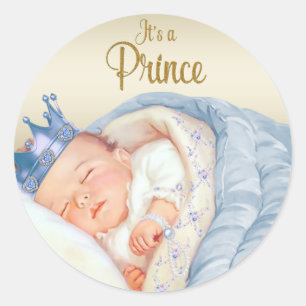 Sticker Rond Bébé Shower Prince Vintage Or Bleu