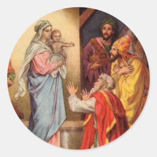 Sticker Rond Bébé vintage Jésus et 3 rois