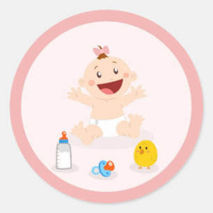 Sticker Rond Bébée en Baby shower rose