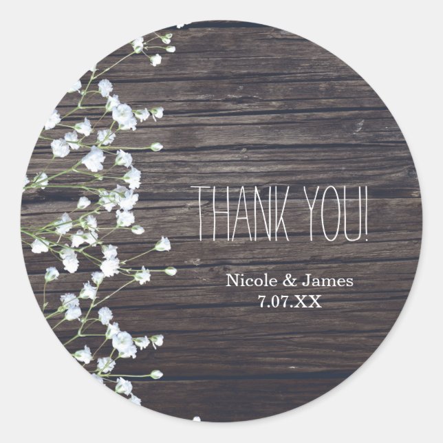 Sticker Rond Bébé's Breath Floral & Dark Rustic Wood Mariage (Devant)