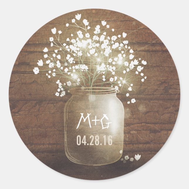 Sticker Rond Bébé's Breath Mason Jar Rustic Wood Mariage (Devant)