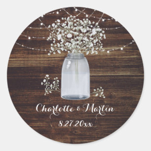 Sticker Rond Bébé's Breath Rustic Wood Mason Jar Mariage