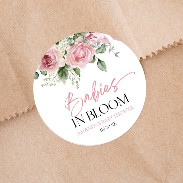 Sticker Rond Bébés En Fleur Rose Rose Baby shower Floral Twins (Créateur téléchargé)