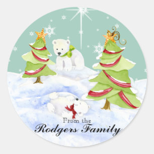 Sticker Rond Bébés mignons fantaisie d'ours blanc d'hiver en