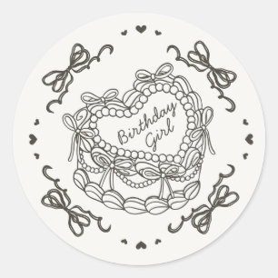 Sticker Rond Beige Bow Retro Coeur Coquette gâteau Anniversaire