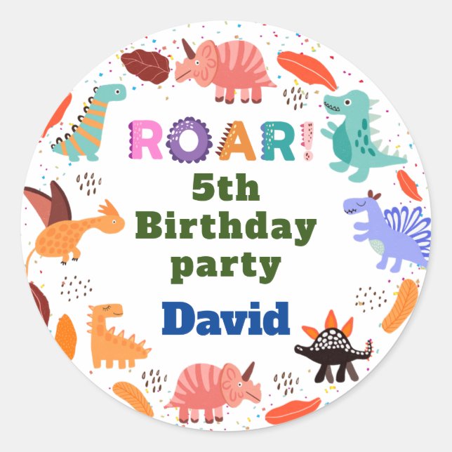 Sticker Rond Beige Brown Cute Dinosaur fête d'anniversaire (Devant)