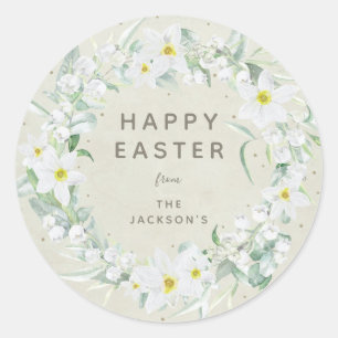 Sticker Rond Beige + Graine Florale Blanche Message de Pâques