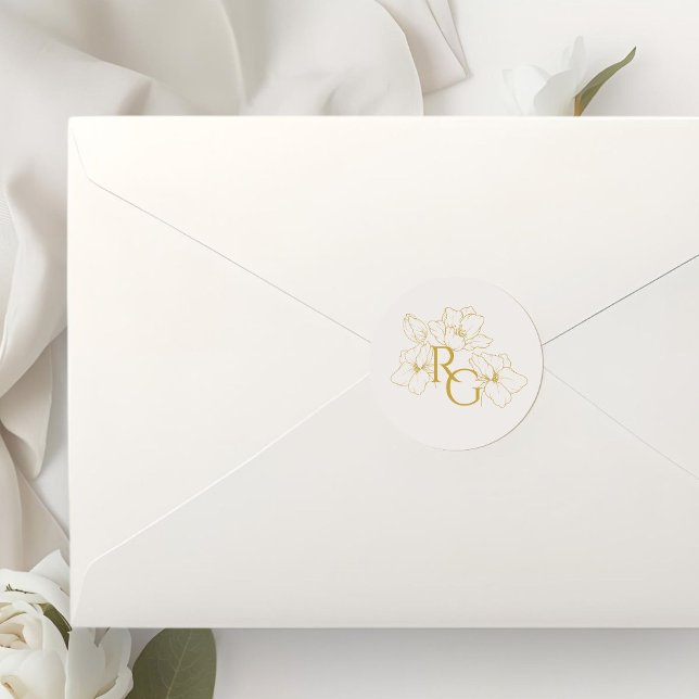 Sticker Rond Beige Ivory | Floral Faux Gold Monogram Wedding  (Créateur téléchargé)