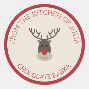 Sticker Rond Beige Rouge Joyeux Noël Rudolph Gâteau de vacances