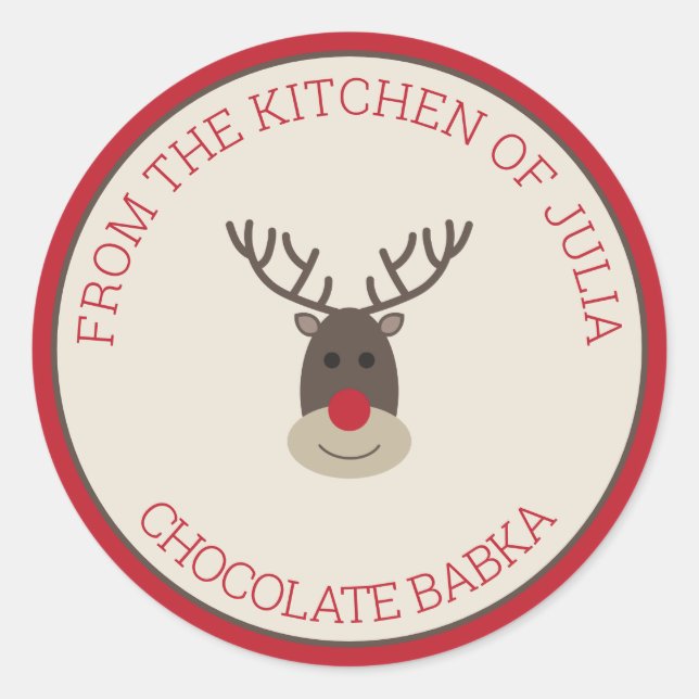 Sticker Rond Beige Rouge Joyeux Noël Rudolph Gâteau de vacances (Devant)