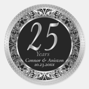Sticker Rond Belle 25ème métallisée argent et noir